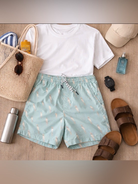 American Eagle Outfitters Other - American Eagle Outfitters men's Aqua Bird Print Swim Trunks